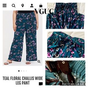 Teal Floral Challis Wide Leg Pant - Torrid